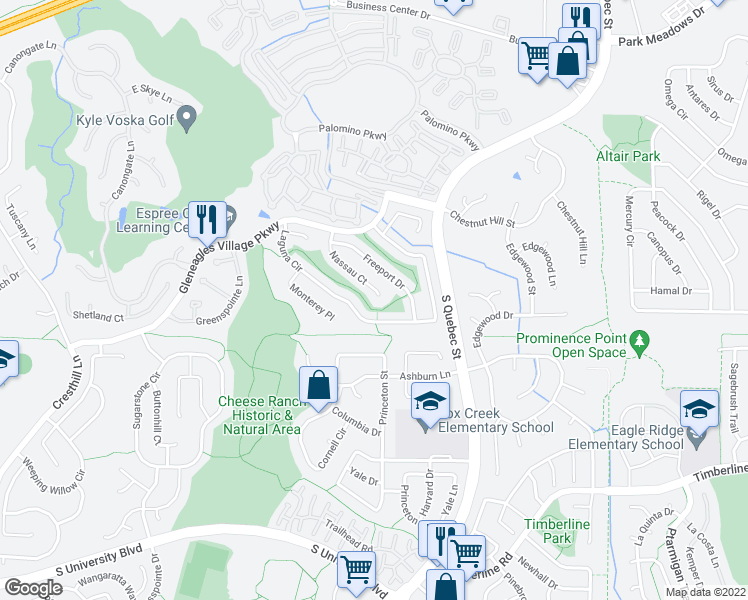 map of restaurants, bars, coffee shops, grocery stores, and more near 6426 Nassau Court in Littleton