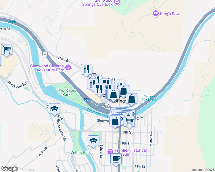 map of restaurants, bars, coffee shops, grocery stores, and more near 105 4th St in Glenwood Springs