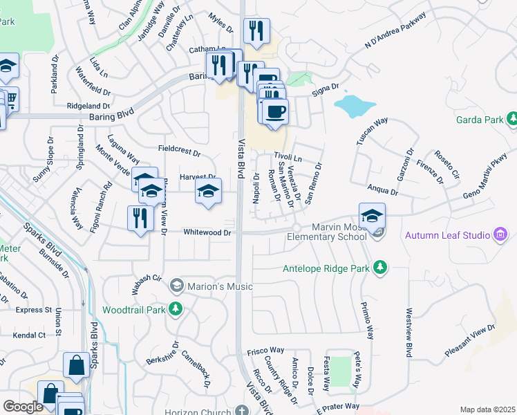 map of restaurants, bars, coffee shops, grocery stores, and more near 2356 Napoli Drive in Sparks
