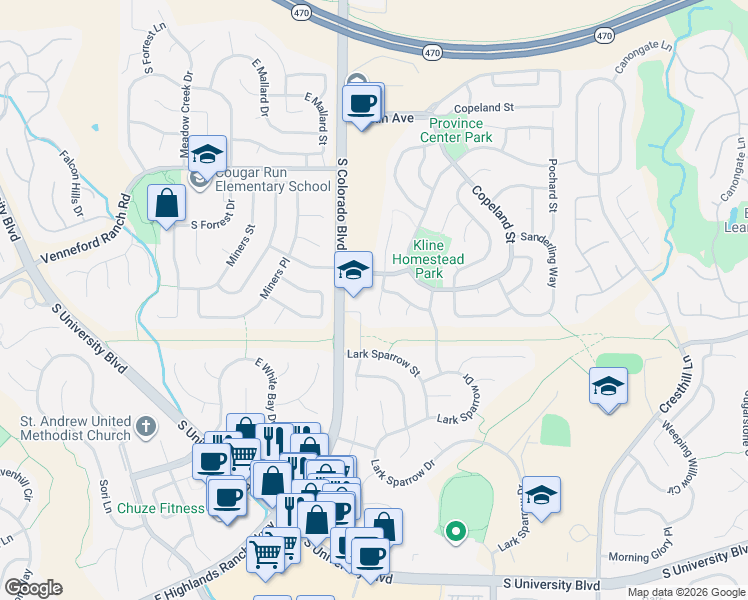 map of restaurants, bars, coffee shops, grocery stores, and more near 4218 Greenfinch Drive in Littleton