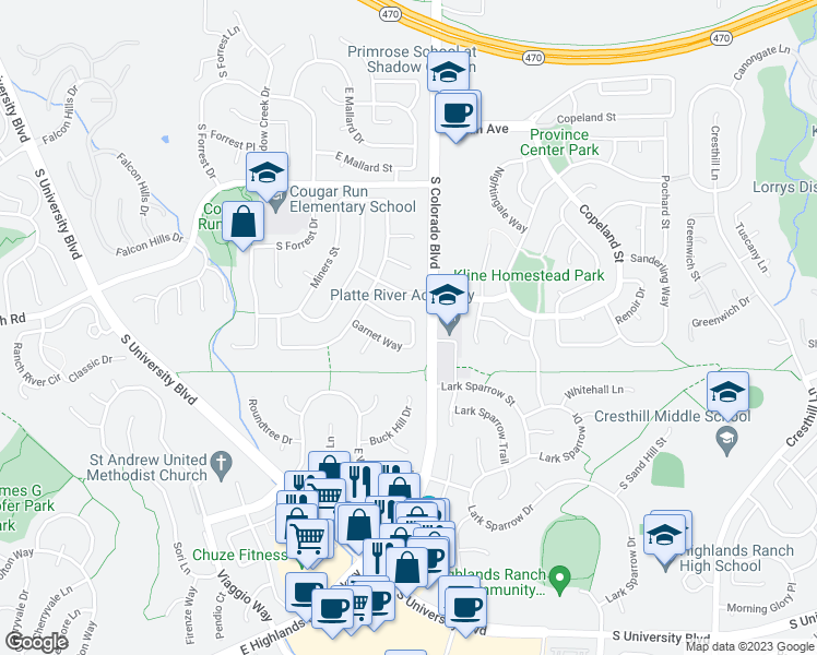 map of restaurants, bars, coffee shops, grocery stores, and more near 3856 Garnet Way in Littleton