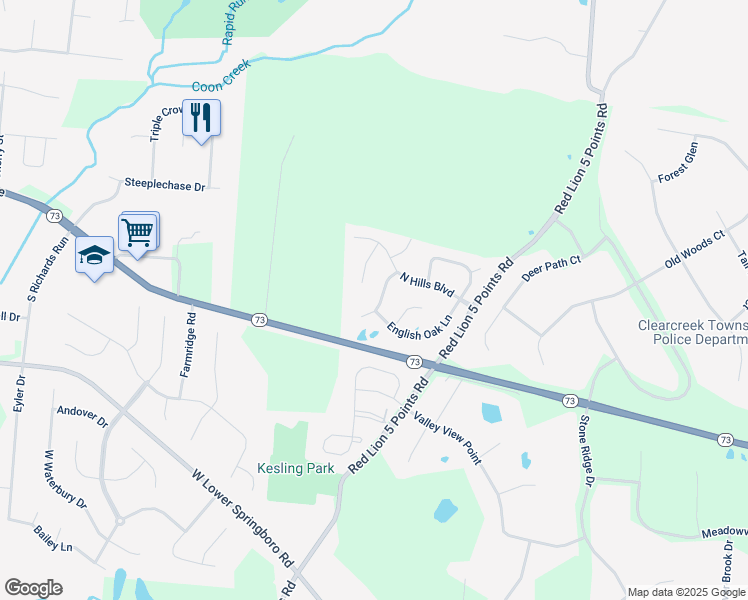 map of restaurants, bars, coffee shops, grocery stores, and more near 85 South Pond Court in Springboro