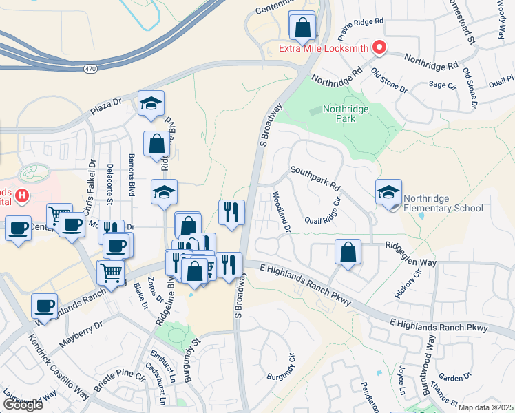 map of restaurants, bars, coffee shops, grocery stores, and more near 9047 Bear Mountain Drive in Littleton