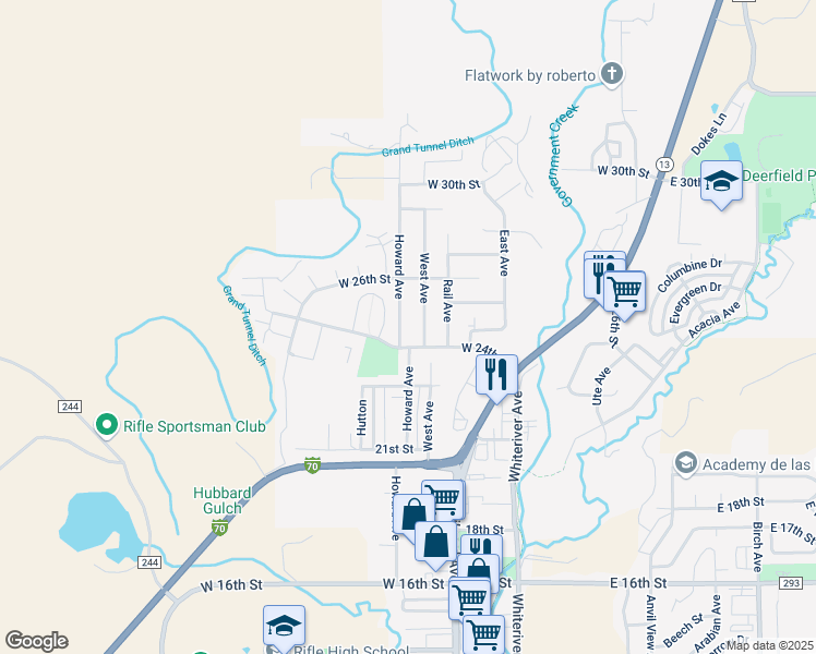 map of restaurants, bars, coffee shops, grocery stores, and more near 2426 Howard Ave in Rifle
