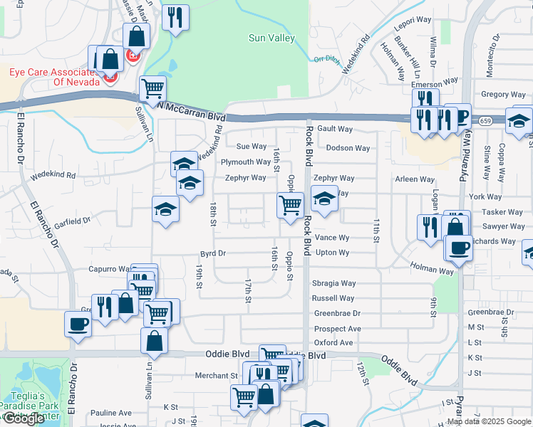map of restaurants, bars, coffee shops, grocery stores, and more near 1633 London Circle in Sparks