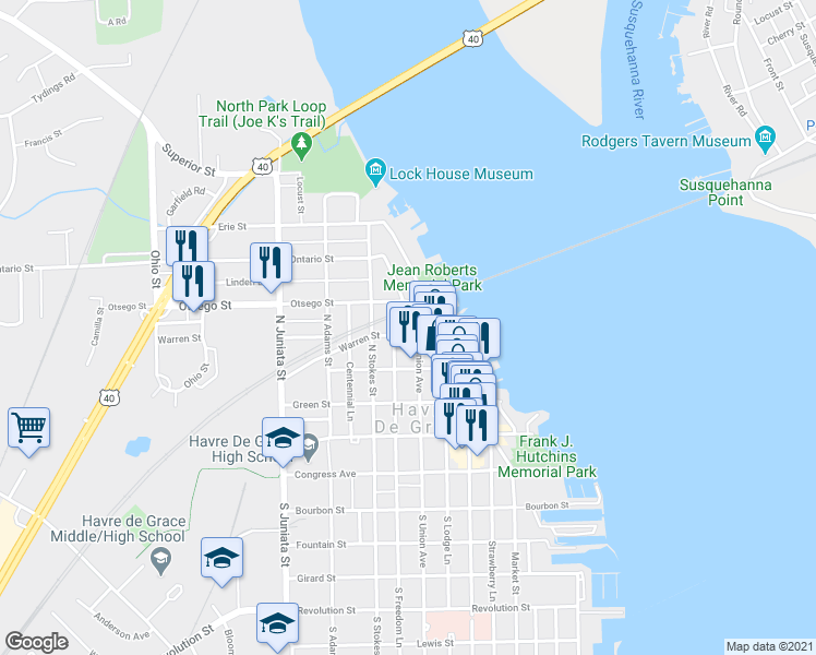map of restaurants, bars, coffee shops, grocery stores, and more near 500 North Union Avenue in Havre de Grace