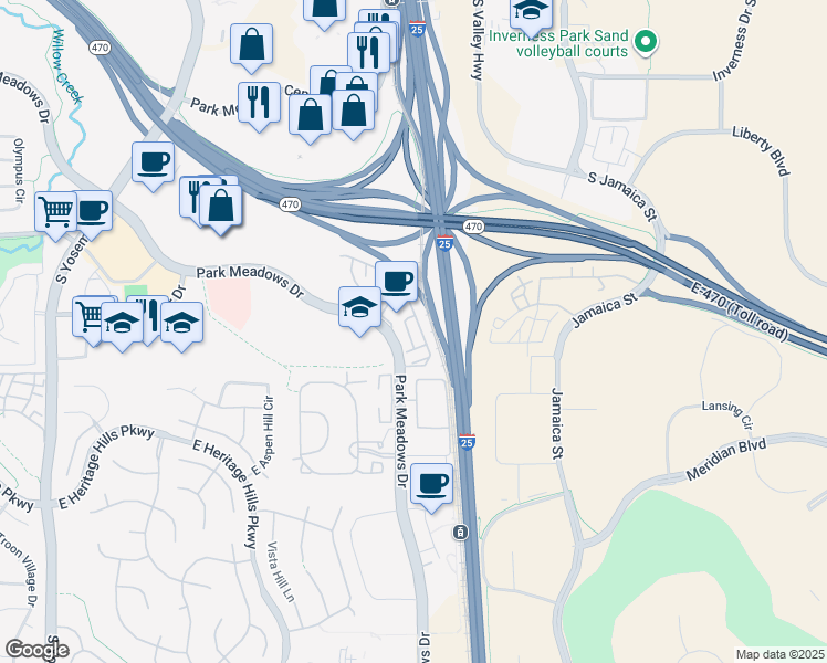 map of restaurants, bars, coffee shops, grocery stores, and more near 10083 Park Meadows Drive in Lone Tree