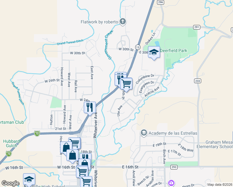 map of restaurants, bars, coffee shops, grocery stores, and more near 2525 Meadow Circle in Rifle