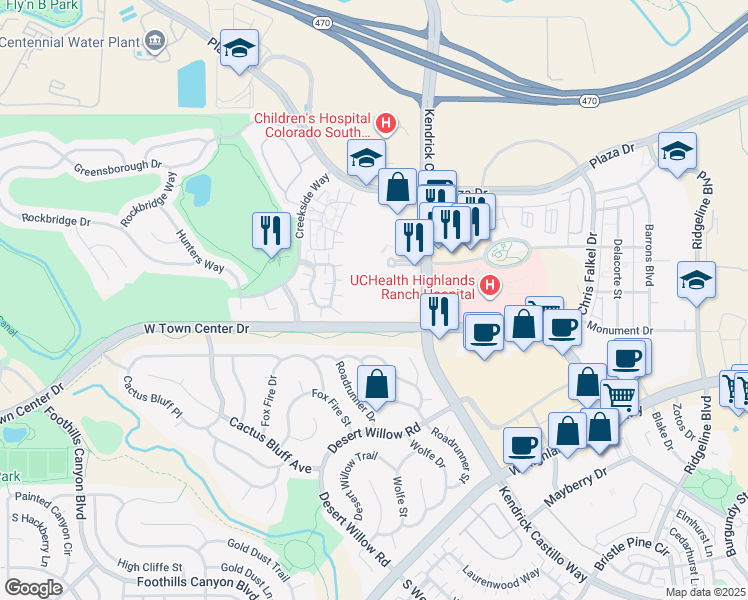 map of restaurants, bars, coffee shops, grocery stores, and more near 1728 Shea Center Drive in Highlands Ranch