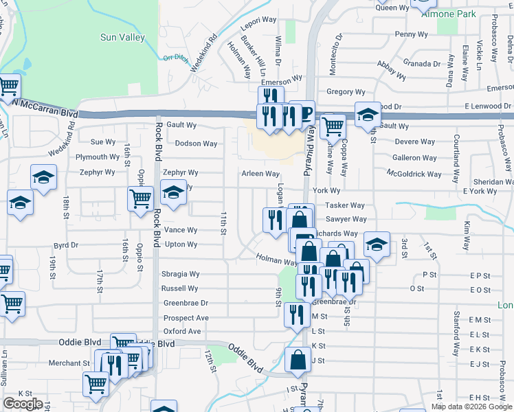 map of restaurants, bars, coffee shops, grocery stores, and more near 2220 Schroeder Way in Sparks