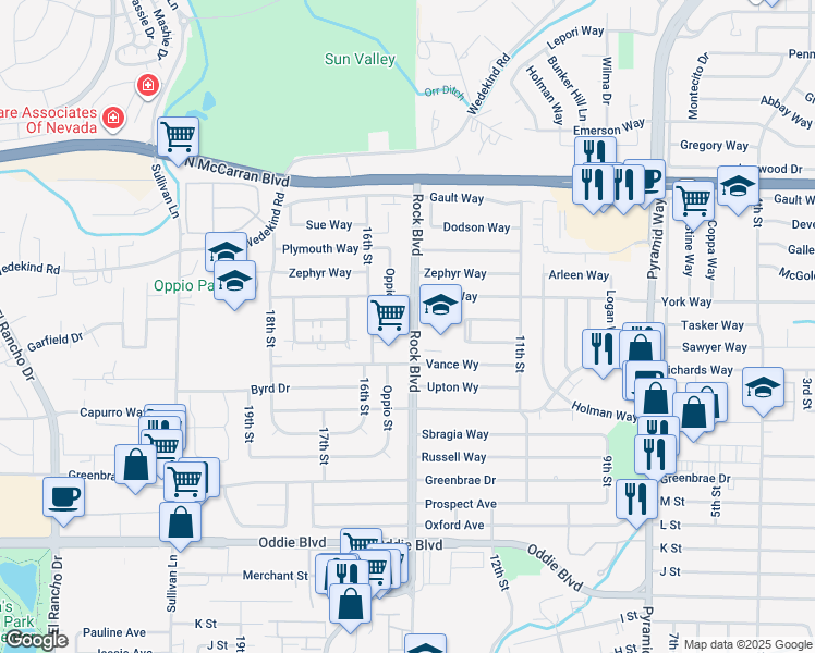map of restaurants, bars, coffee shops, grocery stores, and more near 2263 Rock Boulevard in Sparks