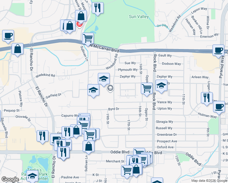 map of restaurants, bars, coffee shops, grocery stores, and more near 2260 18th Street in Sparks