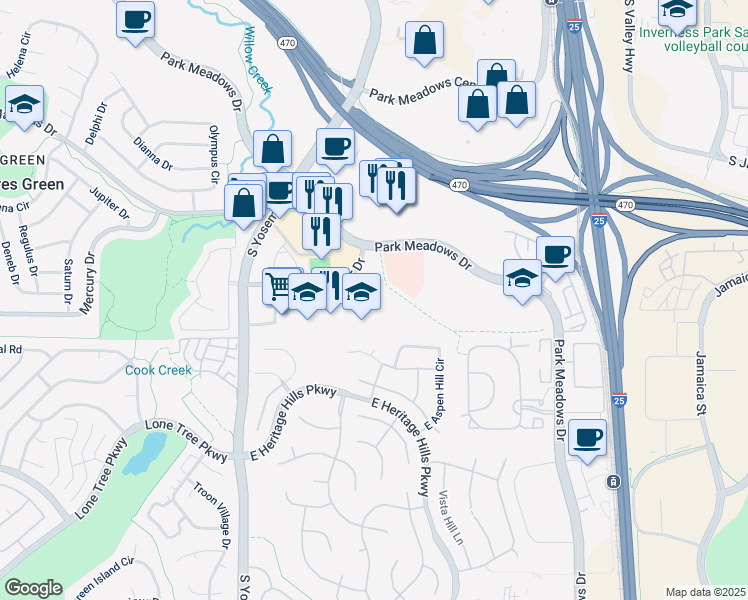 map of restaurants, bars, coffee shops, grocery stores, and more near 9360 Teddy Lane in Lone Tree