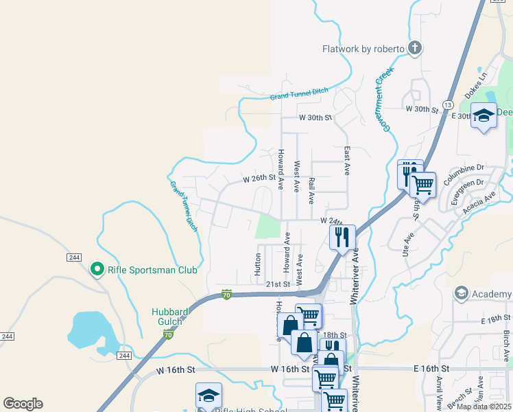 map of restaurants, bars, coffee shops, grocery stores, and more near 822 West 24th Street in Rifle