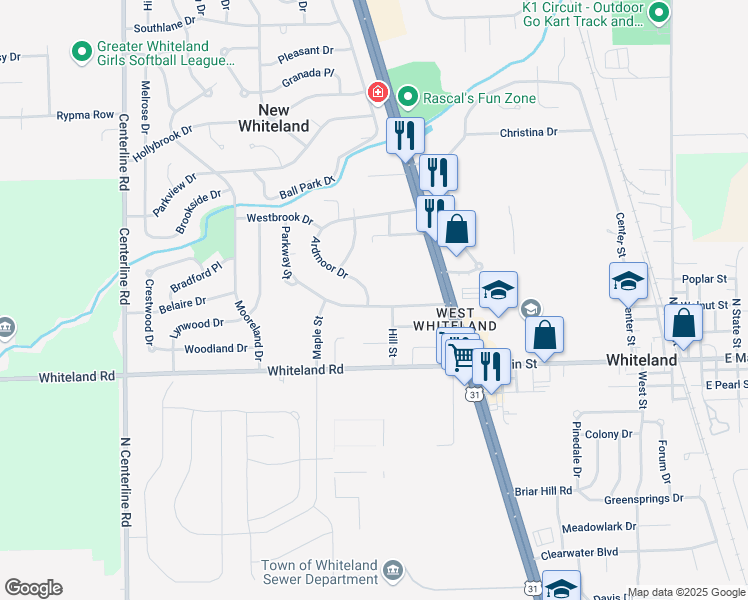 map of restaurants, bars, coffee shops, grocery stores, and more near 560 Parkway Street in Whiteland