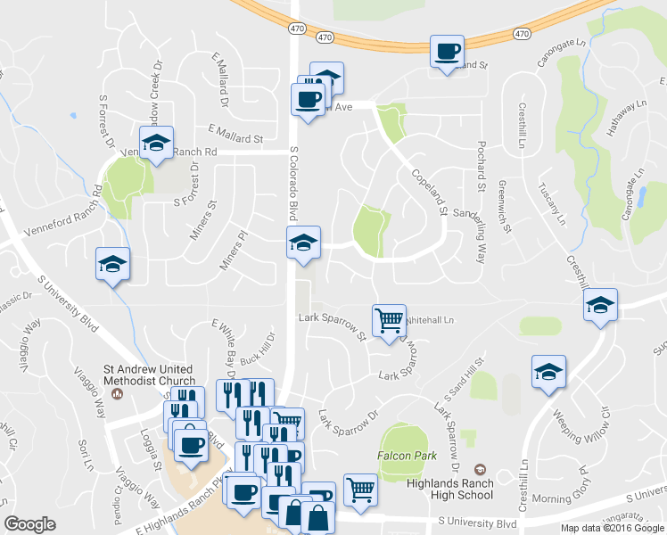 map of restaurants, bars, coffee shops, grocery stores, and more near 4218 Greenfinch Drive in Littleton