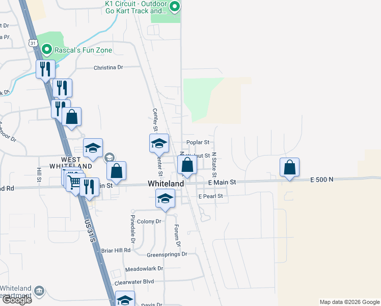 map of restaurants, bars, coffee shops, grocery stores, and more near 620 Walnut St in Whiteland