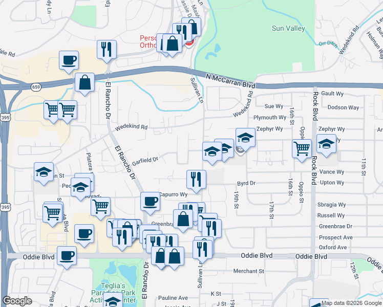 map of restaurants, bars, coffee shops, grocery stores, and more near 2090 S MacKenzie Cir in Sparks