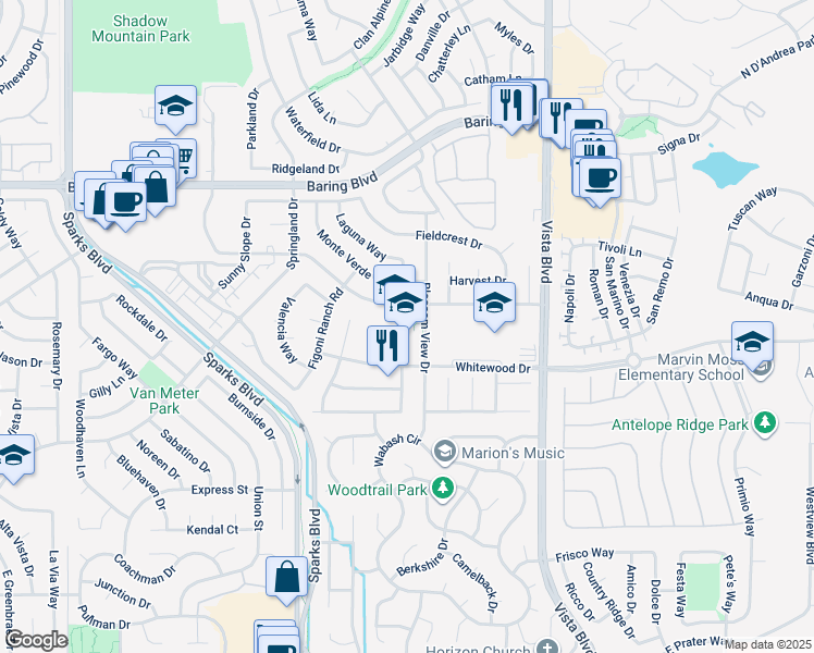 map of restaurants, bars, coffee shops, grocery stores, and more near 1735 Del Rosa Way in Sparks