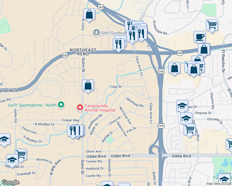 map of restaurants, bars, coffee shops, grocery stores, and more near 2095 Highview Court in Reno