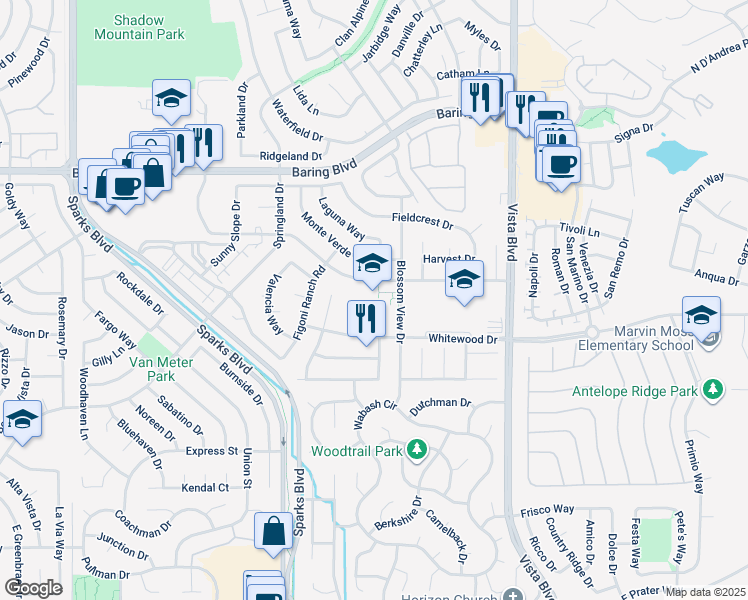 map of restaurants, bars, coffee shops, grocery stores, and more near 1735 Del Rosa Way in Sparks