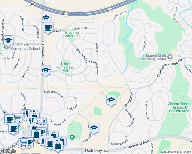 map of restaurants, bars, coffee shops, grocery stores, and more near 9006 Sanderling Way in Littleton