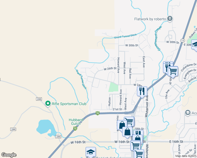 map of restaurants, bars, coffee shops, grocery stores, and more near 977 West 24th Street in Rifle