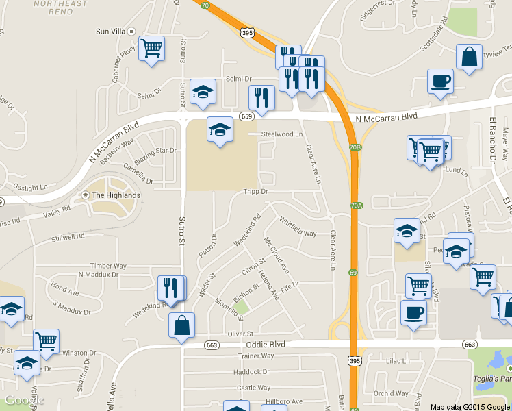 map of restaurants, bars, coffee shops, grocery stores, and more near 2095 Highview Court in Reno