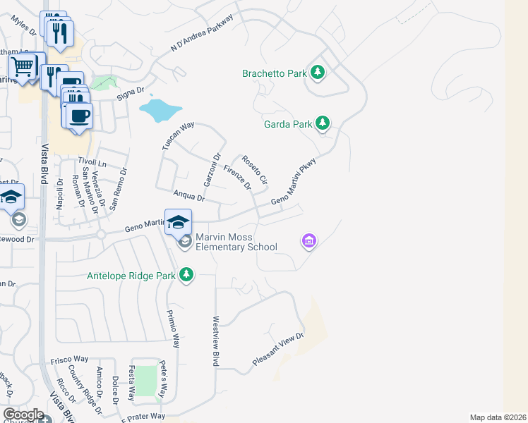 map of restaurants, bars, coffee shops, grocery stores, and more near 2720 Milano Drive in Sparks