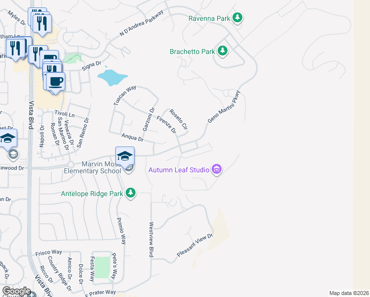 map of restaurants, bars, coffee shops, grocery stores, and more near 2720 Milano Drive in Sparks