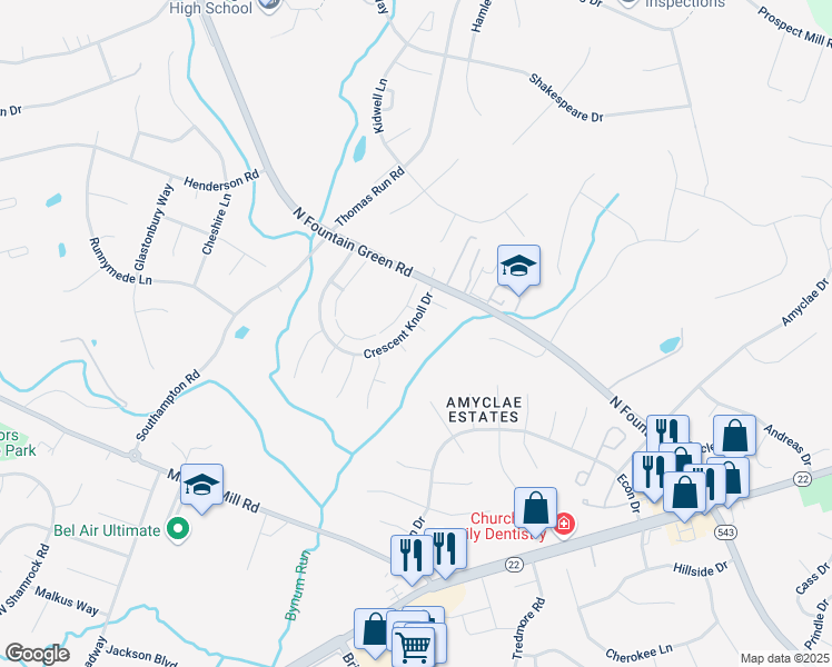 map of restaurants, bars, coffee shops, grocery stores, and more near 604 Nottingham Court in Bel Air