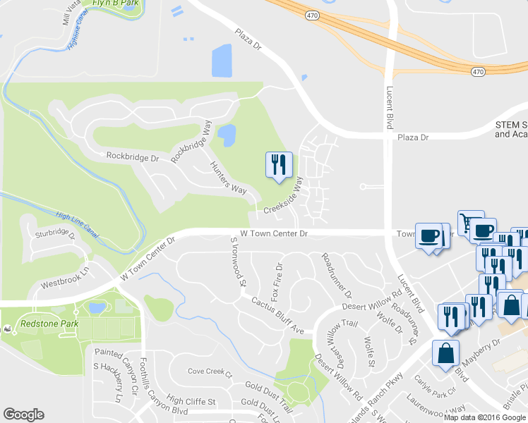 map of restaurants, bars, coffee shops, grocery stores, and more near 9056 Creekside Way in Highlands Ranch
