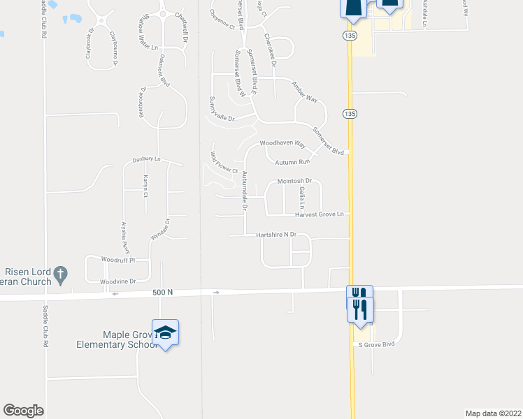 map of restaurants, bars, coffee shops, grocery stores, and more near 5508 Washington Avenue in Bargersville