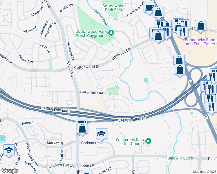 map of restaurants, bars, coffee shops, grocery stores, and more near 9063 Apache Plume Drive in Parker