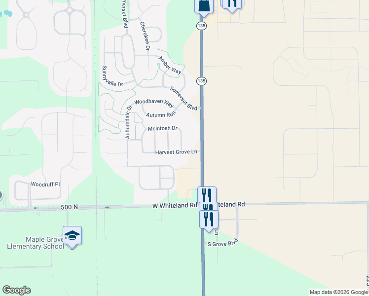 map of restaurants, bars, coffee shops, grocery stores, and more near 5501 Breaburn Road in Bargersville