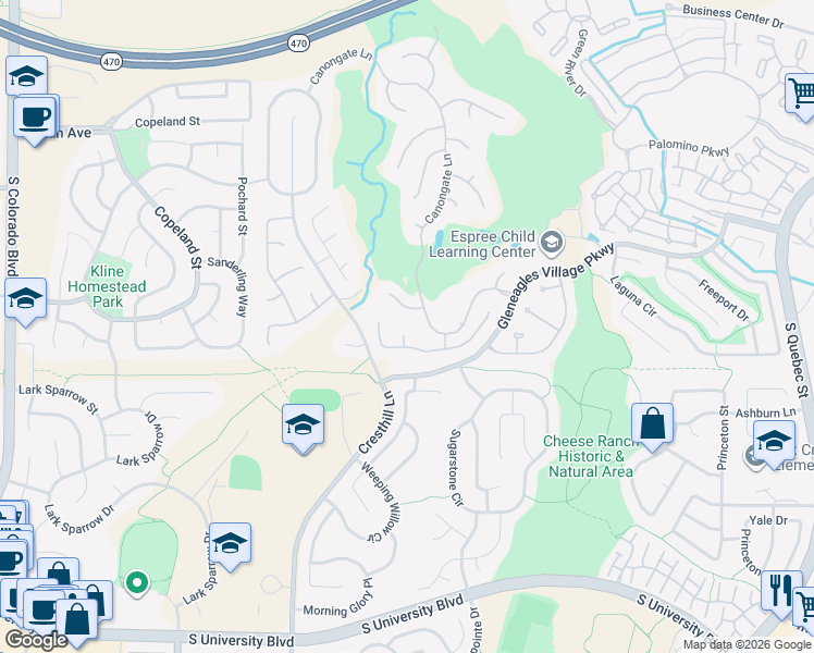 map of restaurants, bars, coffee shops, grocery stores, and more near 9042 Shetland Way in Littleton