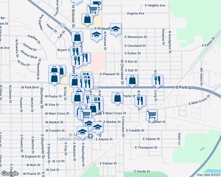 map of restaurants, bars, coffee shops, grocery stores, and more near 308 East Park Street in Taylorville