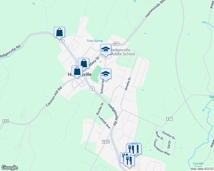 map of restaurants, bars, coffee shops, grocery stores, and more near 88 School House Drive in Hedgesville