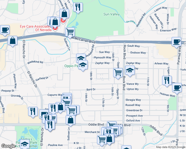 map of restaurants, bars, coffee shops, grocery stores, and more near 2260 18th Street in Sparks