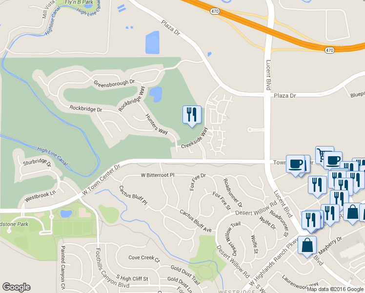 map of restaurants, bars, coffee shops, grocery stores, and more near 9047 Creekside Way in Highlands Ranch