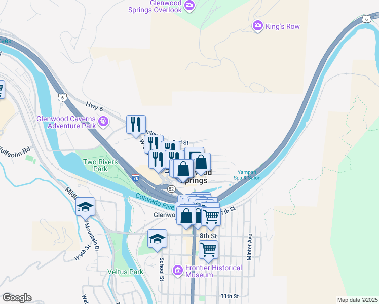 map of restaurants, bars, coffee shops, grocery stores, and more near 301 Pine Street in Glenwood Springs