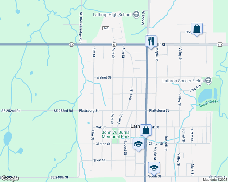 map of restaurants, bars, coffee shops, grocery stores, and more near 209 Park Street in Lathrop