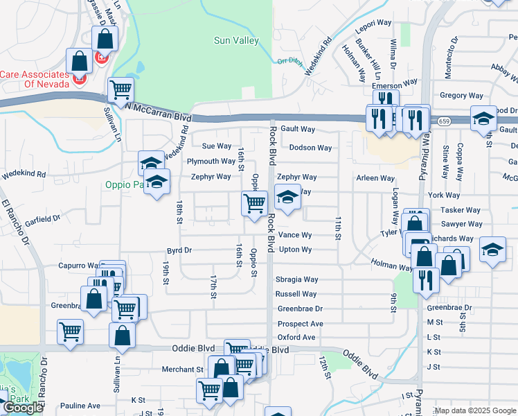map of restaurants, bars, coffee shops, grocery stores, and more near 2290 Oppio Street in Sparks