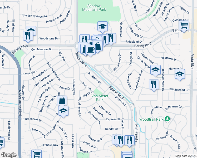 map of restaurants, bars, coffee shops, grocery stores, and more near 2186 Rockdale Drive in Sparks