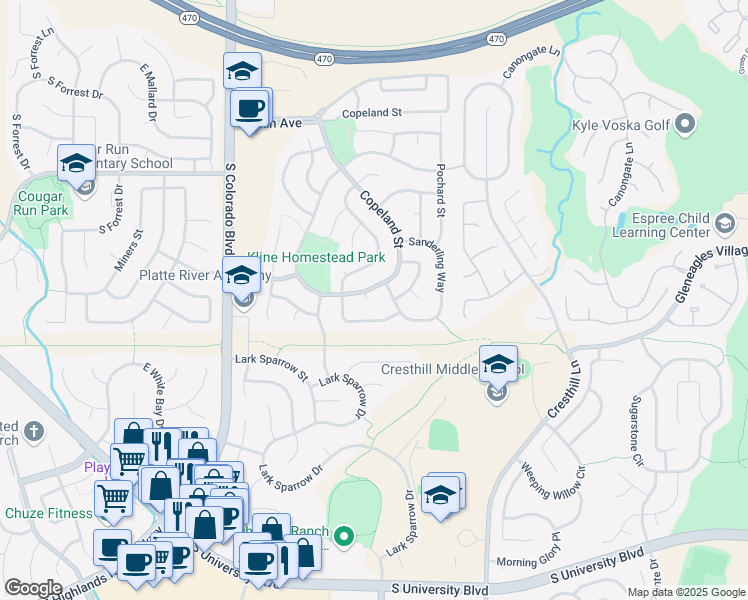 map of restaurants, bars, coffee shops, grocery stores, and more near 9018 Copeland Street in Littleton
