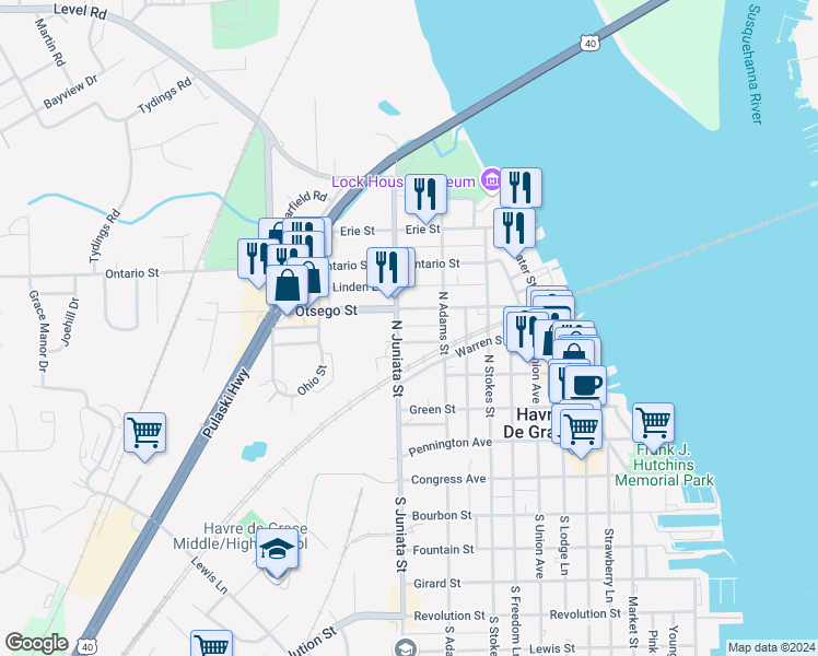 map of restaurants, bars, coffee shops, grocery stores, and more near 729 Warren Street in Havre de Grace