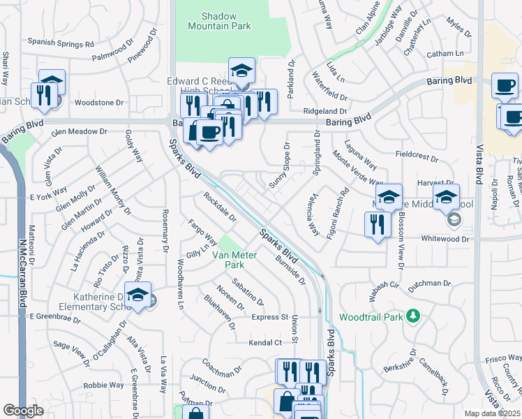 map of restaurants, bars, coffee shops, grocery stores, and more near 2415 Sycamore Glen Drive in Sparks