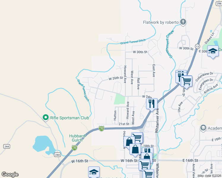 map of restaurants, bars, coffee shops, grocery stores, and more near 822 West 24th Street in Rifle