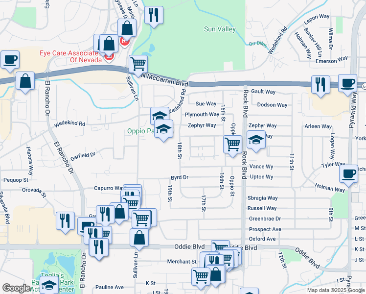 map of restaurants, bars, coffee shops, grocery stores, and more near 2260 18th Street in Sparks