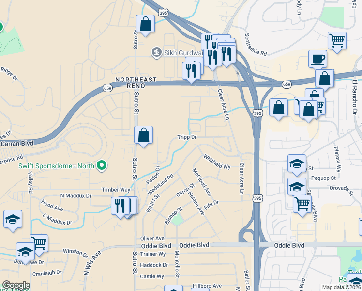 map of restaurants, bars, coffee shops, grocery stores, and more near 2095 Highview Court in Reno